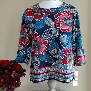 NEW Hawaiian Floral Top Stretch Petite Pullover Blue 3/4 Sleeve Alfred Dunner PS